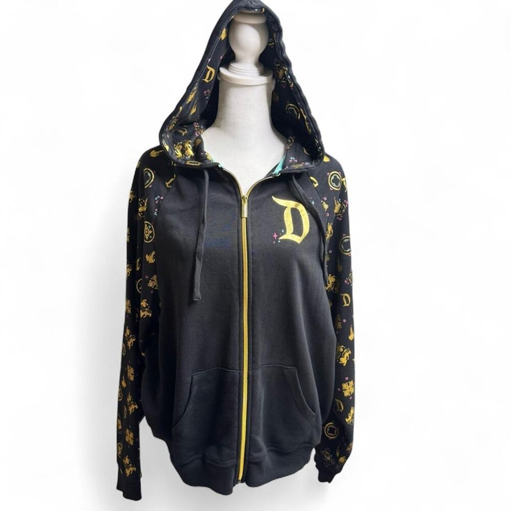 Disney Parks Black Gold Foil D Logo Zip Hoodie Medium Sleeping Beauty Icons